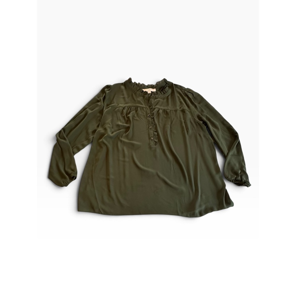Loft Plus Blouse Womens 16 Green Ruffle Neck Button Front Long Sleeve